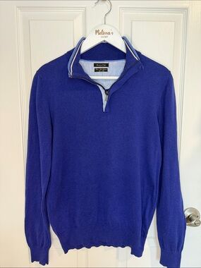 Massimo Dutti Blue Quarter Zip Sweater Cotton Silk Cashmere Blend Men’s S